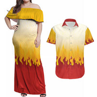 Japanese Kaen Pattern Couples Matching Off Shoulder Maxi Dress and Hawaiian Shirt Flame Pillar Blazing Lion Heart - Wonder Print Shop