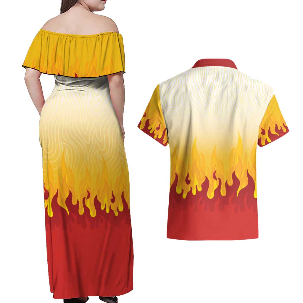 Japanese Kaen Pattern Couples Matching Off Shoulder Maxi Dress and Hawaiian Shirt Flame Pillar Blazing Lion Heart - Wonder Print Shop