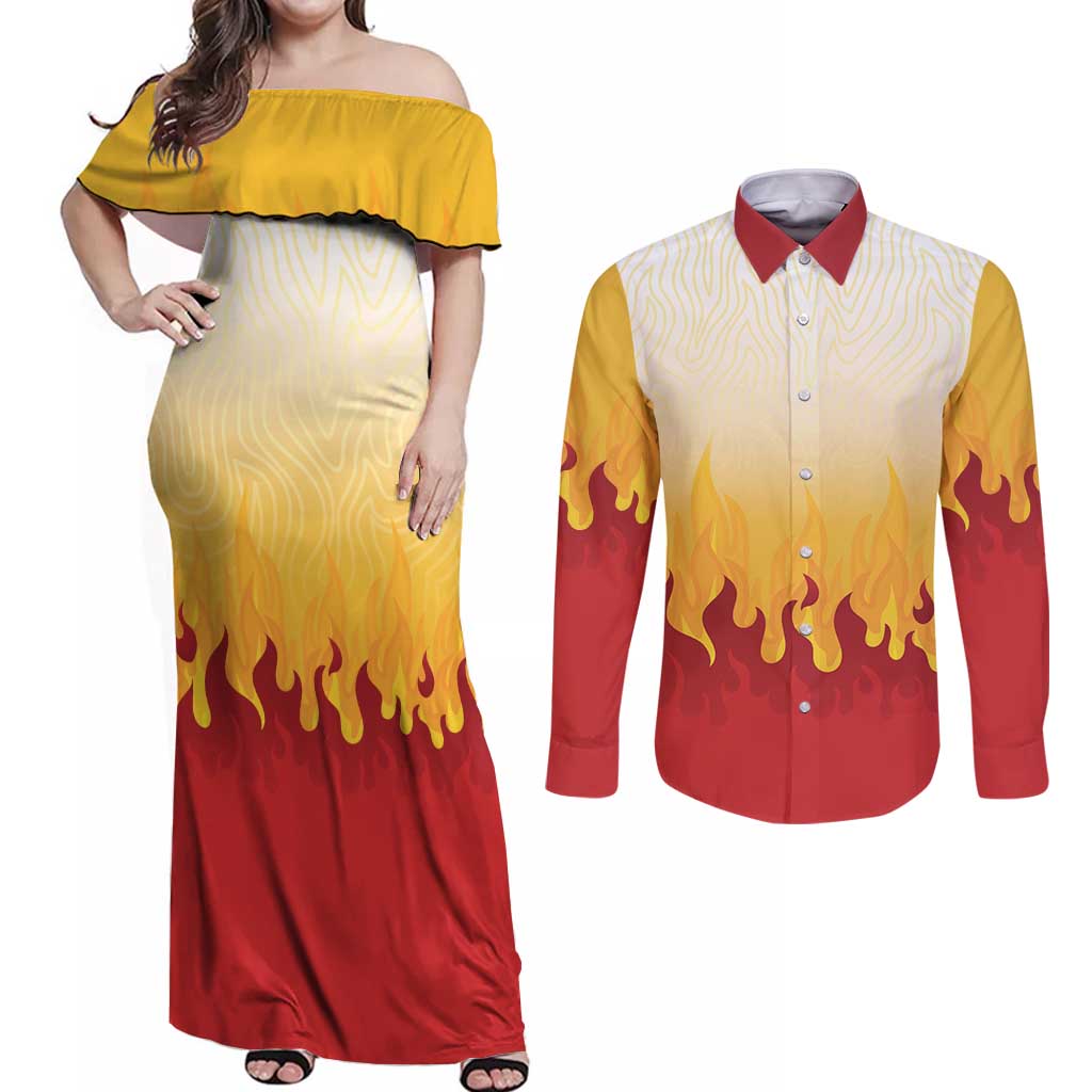Japanese Kaen Pattern Couples Matching Off Shoulder Maxi Dress and Long Sleeve Button Shirt Flame Pillar Blazing Lion Heart - Wonder Print Shop