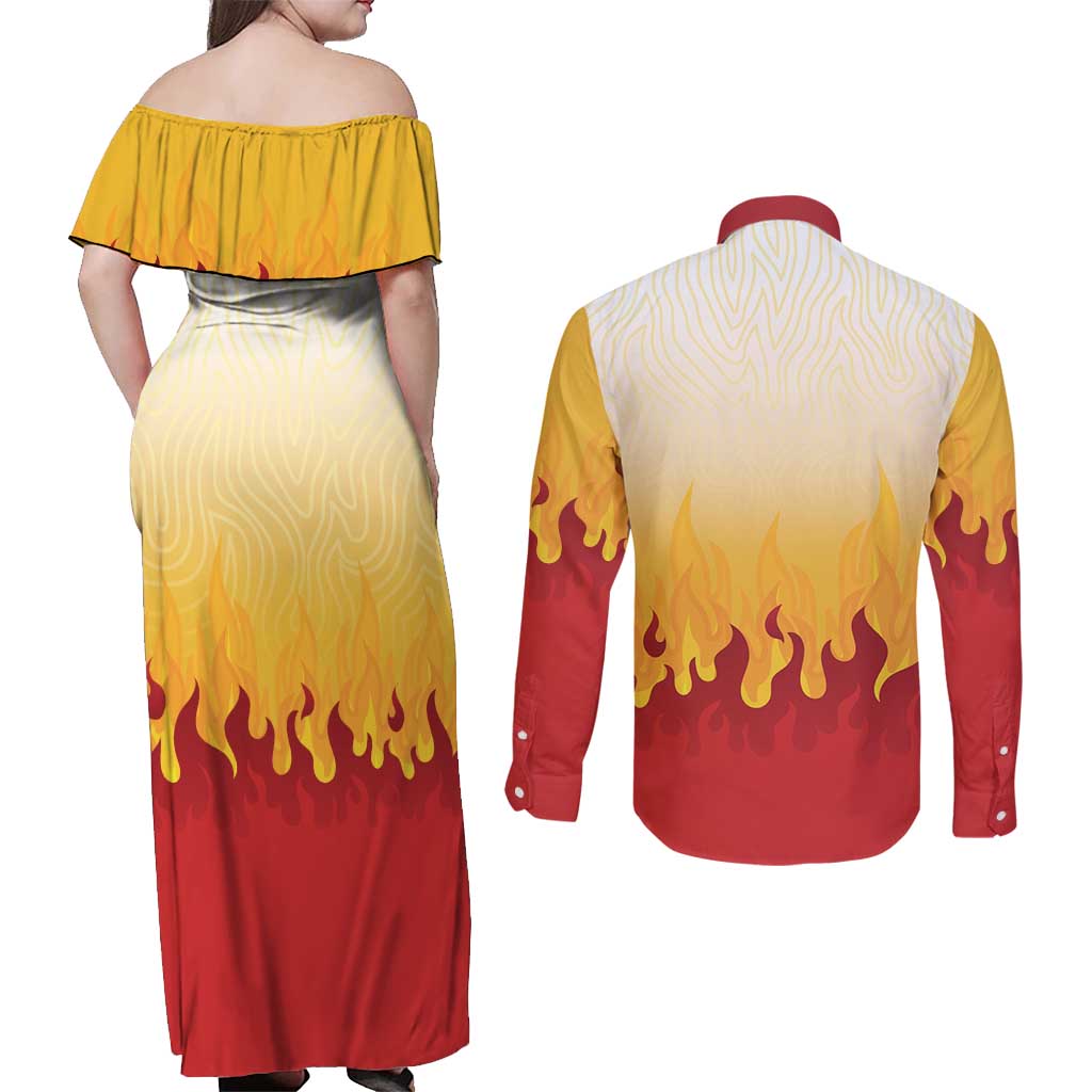 Japanese Kaen Pattern Couples Matching Off Shoulder Maxi Dress and Long Sleeve Button Shirt Flame Pillar Blazing Lion Heart - Wonder Print Shop