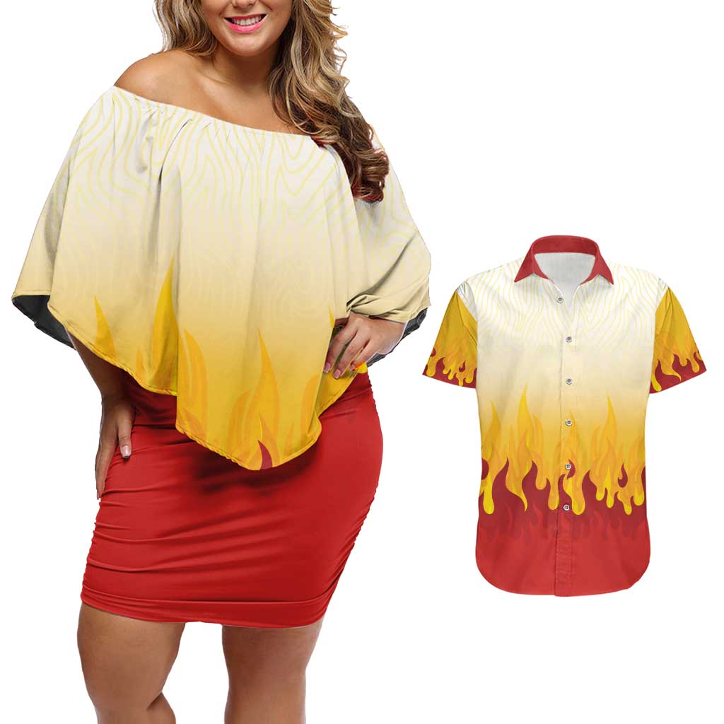 Japanese Kaen Pattern Couples Matching Off Shoulder Short Dress and Hawaiian Shirt Flame Pillar Blazing Lion Heart - Wonder Print Shop