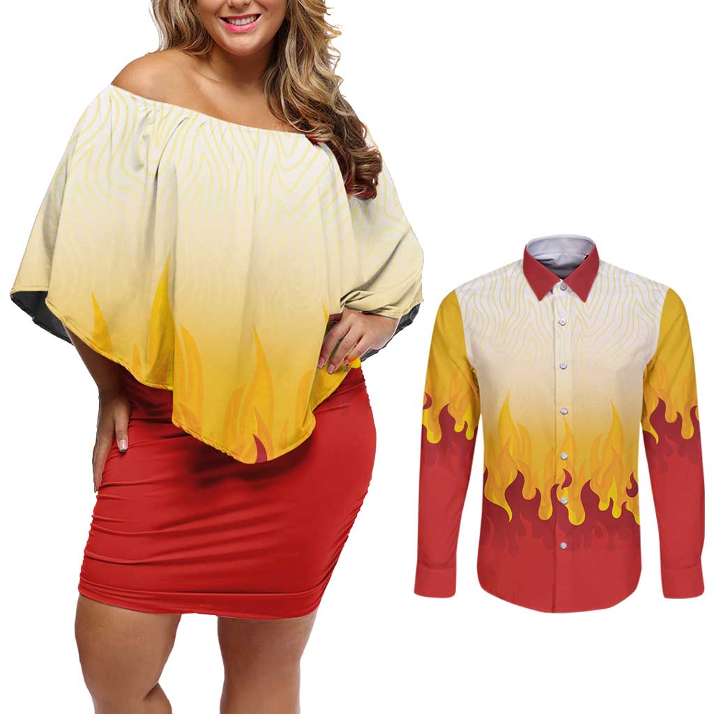 Japanese Kaen Pattern Couples Matching Off Shoulder Short Dress and Long Sleeve Button Shirt Flame Pillar Blazing Lion Heart - Wonder Print Shop