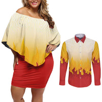 Japanese Kaen Pattern Couples Matching Off Shoulder Short Dress and Long Sleeve Button Shirt Flame Pillar Blazing Lion Heart - Wonder Print Shop