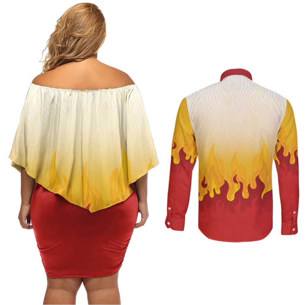 Japanese Kaen Pattern Couples Matching Off Shoulder Short Dress and Long Sleeve Button Shirt Flame Pillar Blazing Lion Heart - Wonder Print Shop