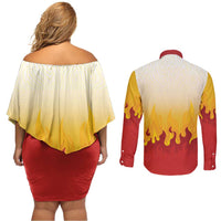 Japanese Kaen Pattern Couples Matching Off Shoulder Short Dress and Long Sleeve Button Shirt Flame Pillar Blazing Lion Heart - Wonder Print Shop