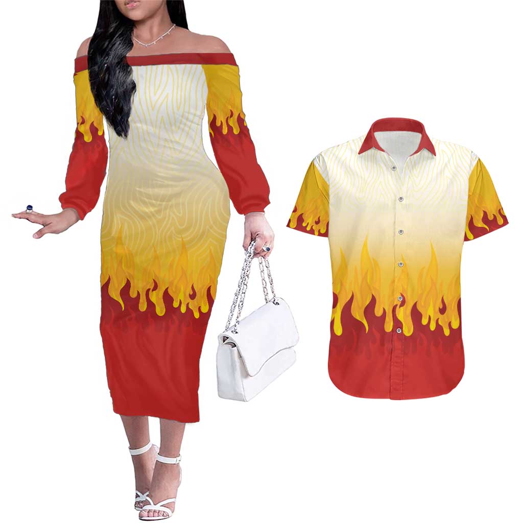 Japanese Kaen Pattern Couples Matching Off The Shoulder Long Sleeve Dress and Hawaiian Shirt Flame Pillar Blazing Lion Heart - Wonder Print Shop