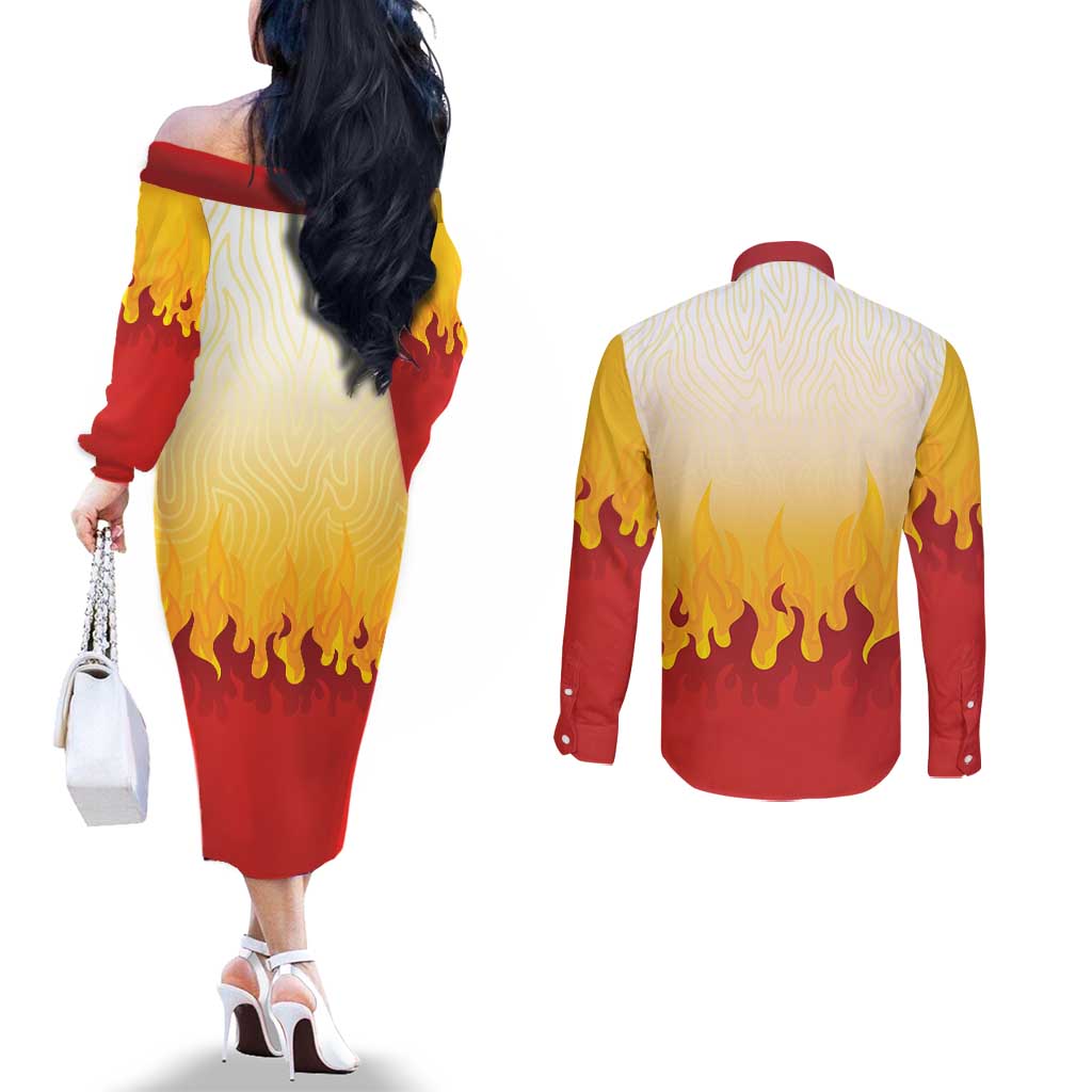 Japanese Kaen Pattern Couples Matching Off The Shoulder Long Sleeve Dress and Long Sleeve Button Shirt Flame Pillar Blazing Lion Heart - Wonder Print Shop