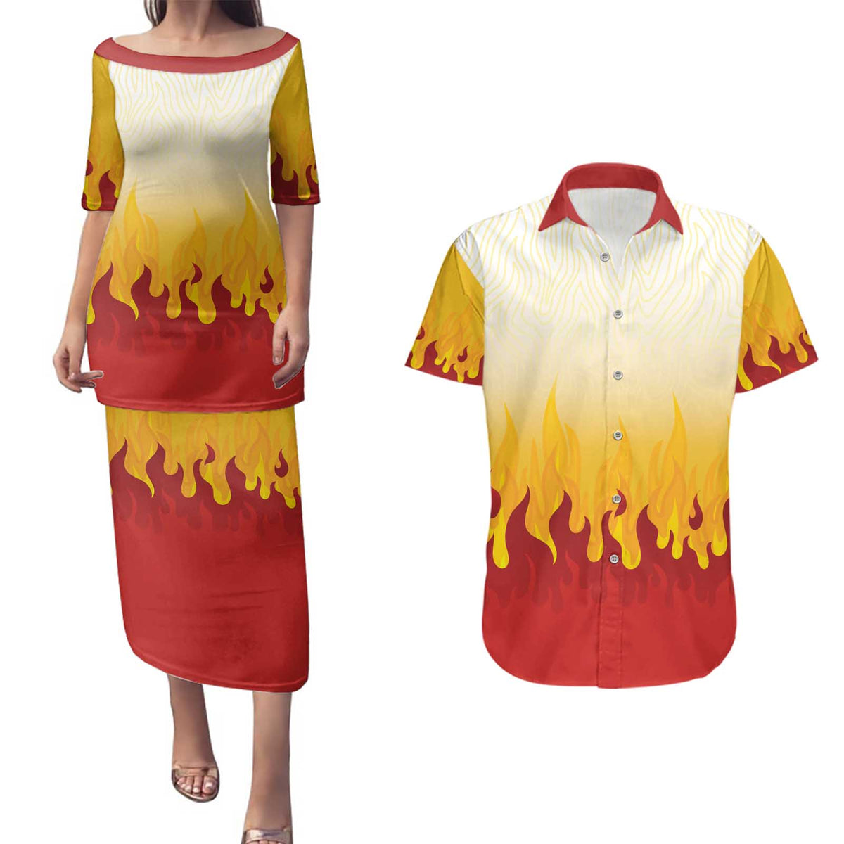 Japanese Kaen Pattern Couples Matching Puletasi and Hawaiian Shirt Flame Pillar Blazing Lion Heart - Wonder Print Shop