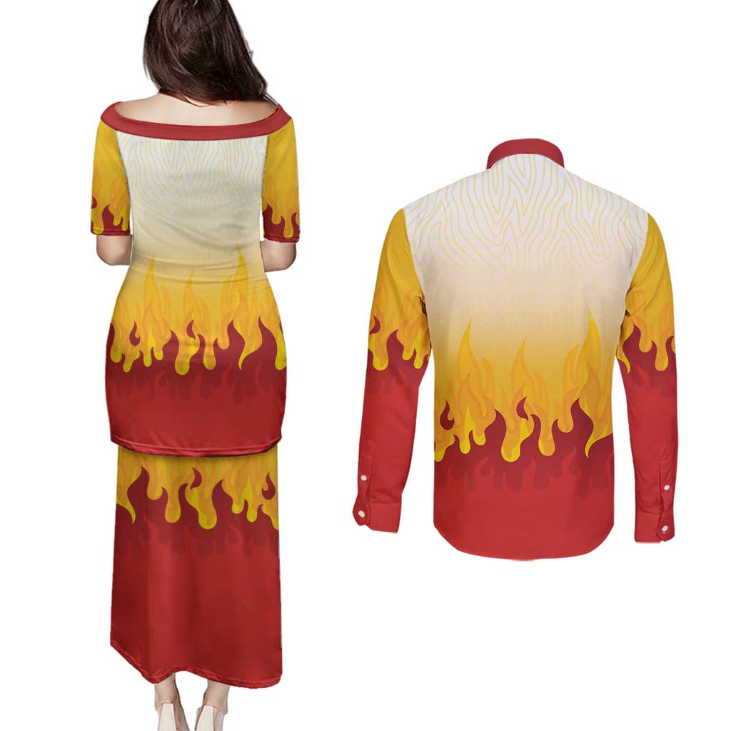 Japanese Kaen Pattern Couples Matching Puletasi and Long Sleeve Button Shirt Flame Pillar Blazing Lion Heart - Wonder Print Shop