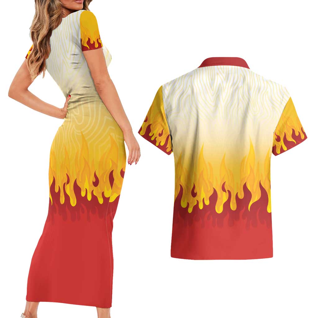 Japanese Kaen Pattern Couples Matching Short Sleeve Bodycon Dress and Hawaiian Shirt Flame Pillar Blazing Lion Heart - Wonder Print Shop