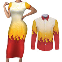 Japanese Kaen Pattern Couples Matching Short Sleeve Bodycon Dress and Long Sleeve Button Shirt Flame Pillar Blazing Lion Heart - Wonder Print Shop