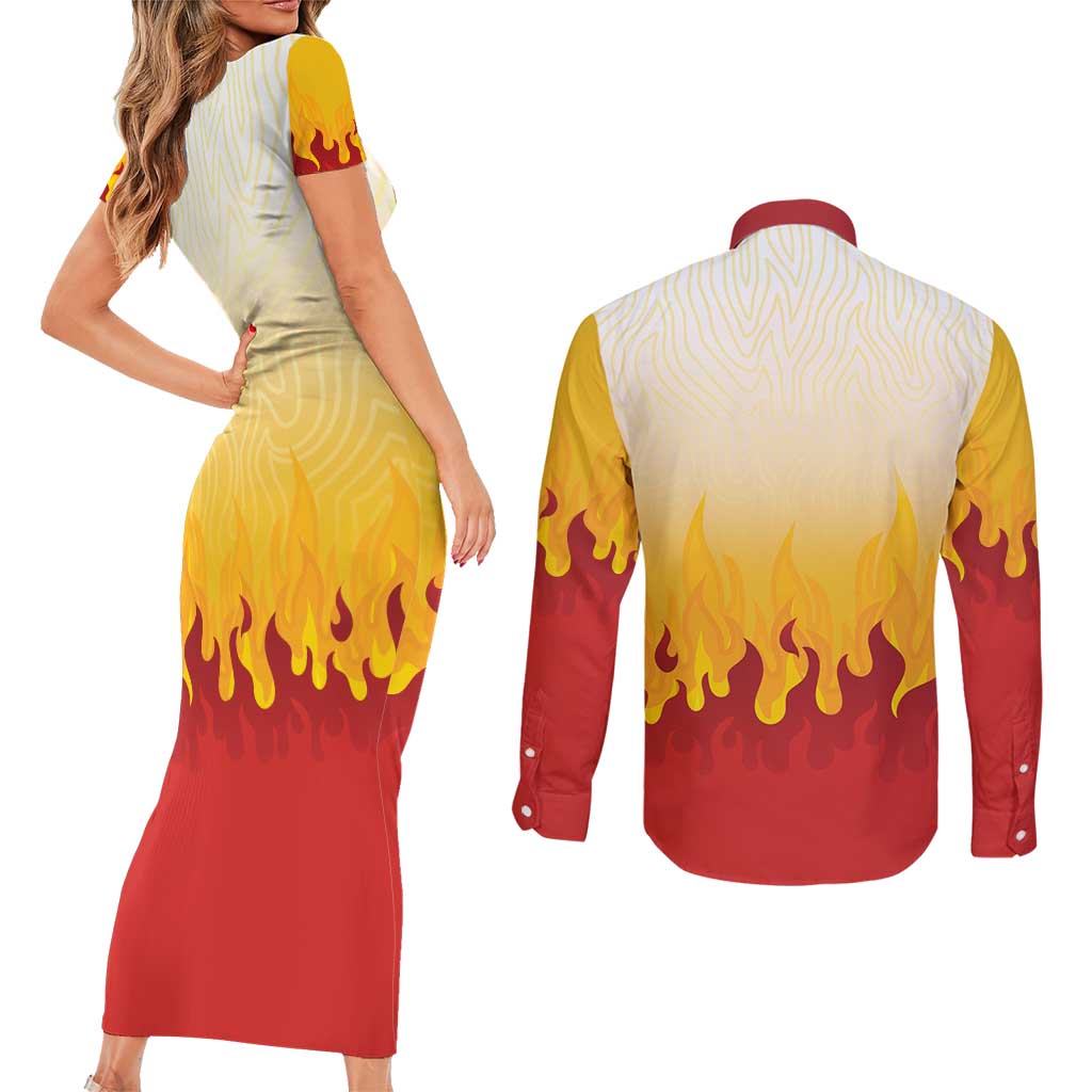 Japanese Kaen Pattern Couples Matching Short Sleeve Bodycon Dress and Long Sleeve Button Shirt Flame Pillar Blazing Lion Heart - Wonder Print Shop