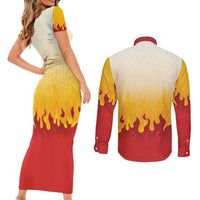 Japanese Kaen Pattern Couples Matching Short Sleeve Bodycon Dress and Long Sleeve Button Shirt Flame Pillar Blazing Lion Heart - Wonder Print Shop