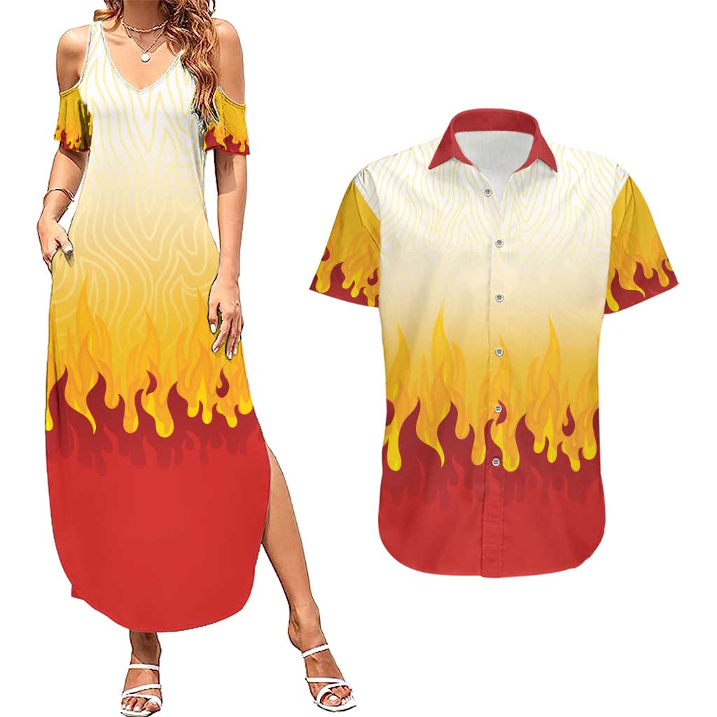 Japanese Kaen Pattern Couples Matching Summer Maxi Dress and Hawaiian Shirt Flame Pillar Blazing Lion Heart - Wonder Print Shop