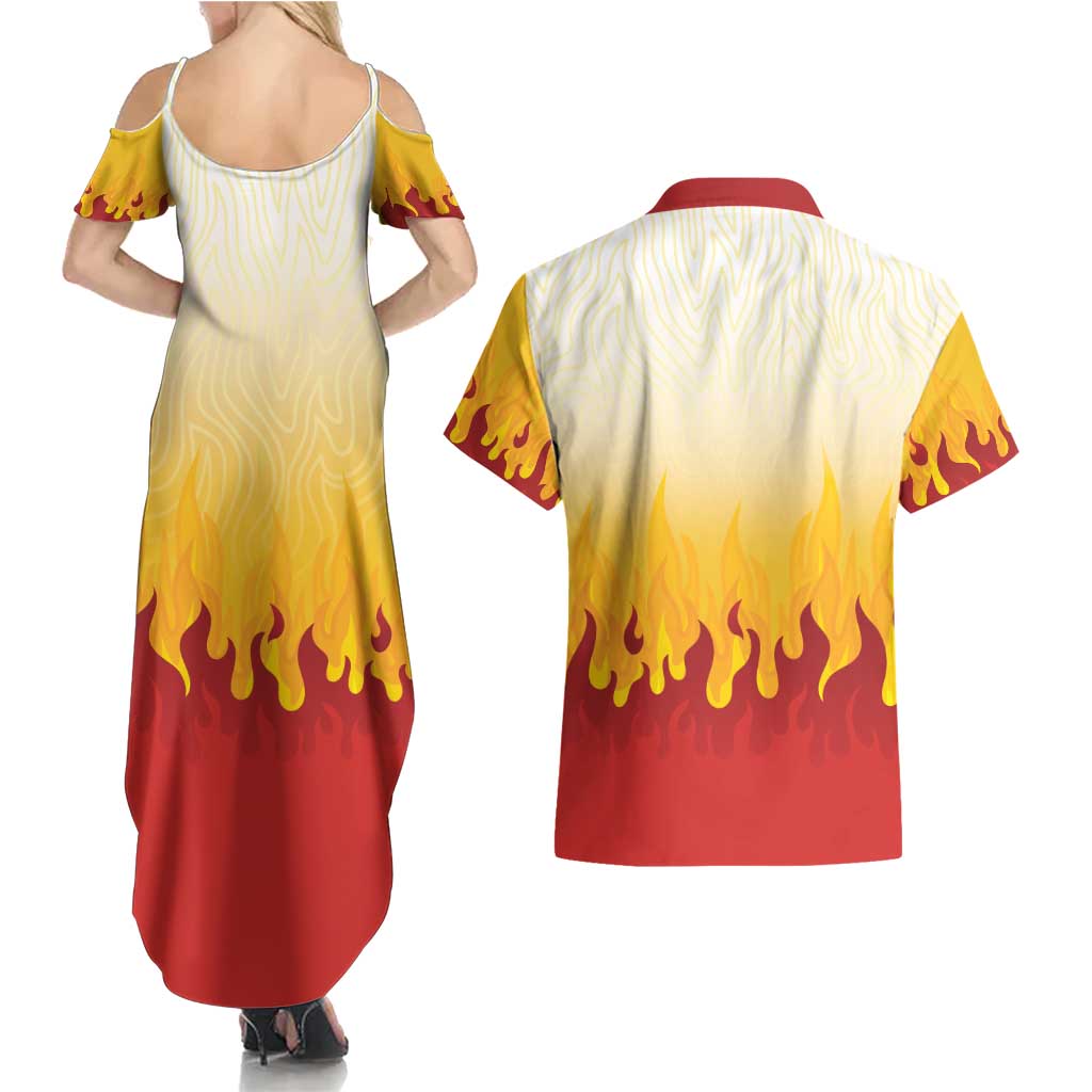 Japanese Kaen Pattern Couples Matching Summer Maxi Dress and Hawaiian Shirt Flame Pillar Blazing Lion Heart - Wonder Print Shop