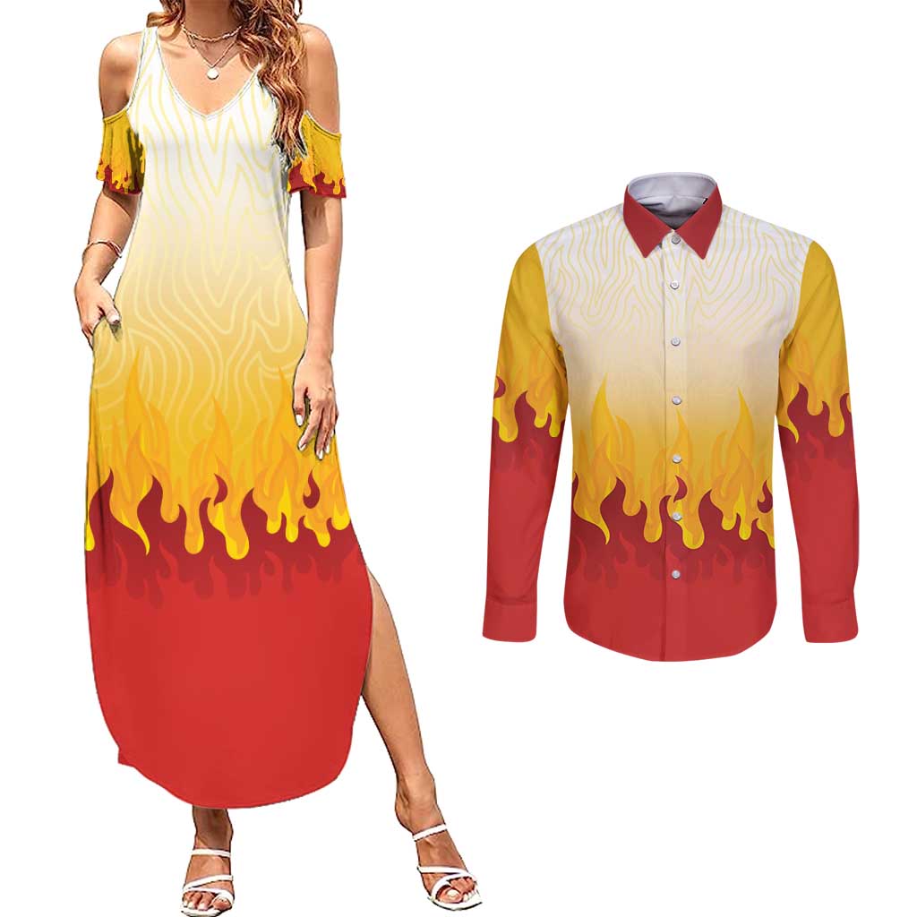 Japanese Kaen Pattern Couples Matching Summer Maxi Dress and Long Sleeve Button Shirt Flame Pillar Blazing Lion Heart - Wonder Print Shop