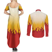 Japanese Kaen Pattern Couples Matching Summer Maxi Dress and Long Sleeve Button Shirt Flame Pillar Blazing Lion Heart - Wonder Print Shop