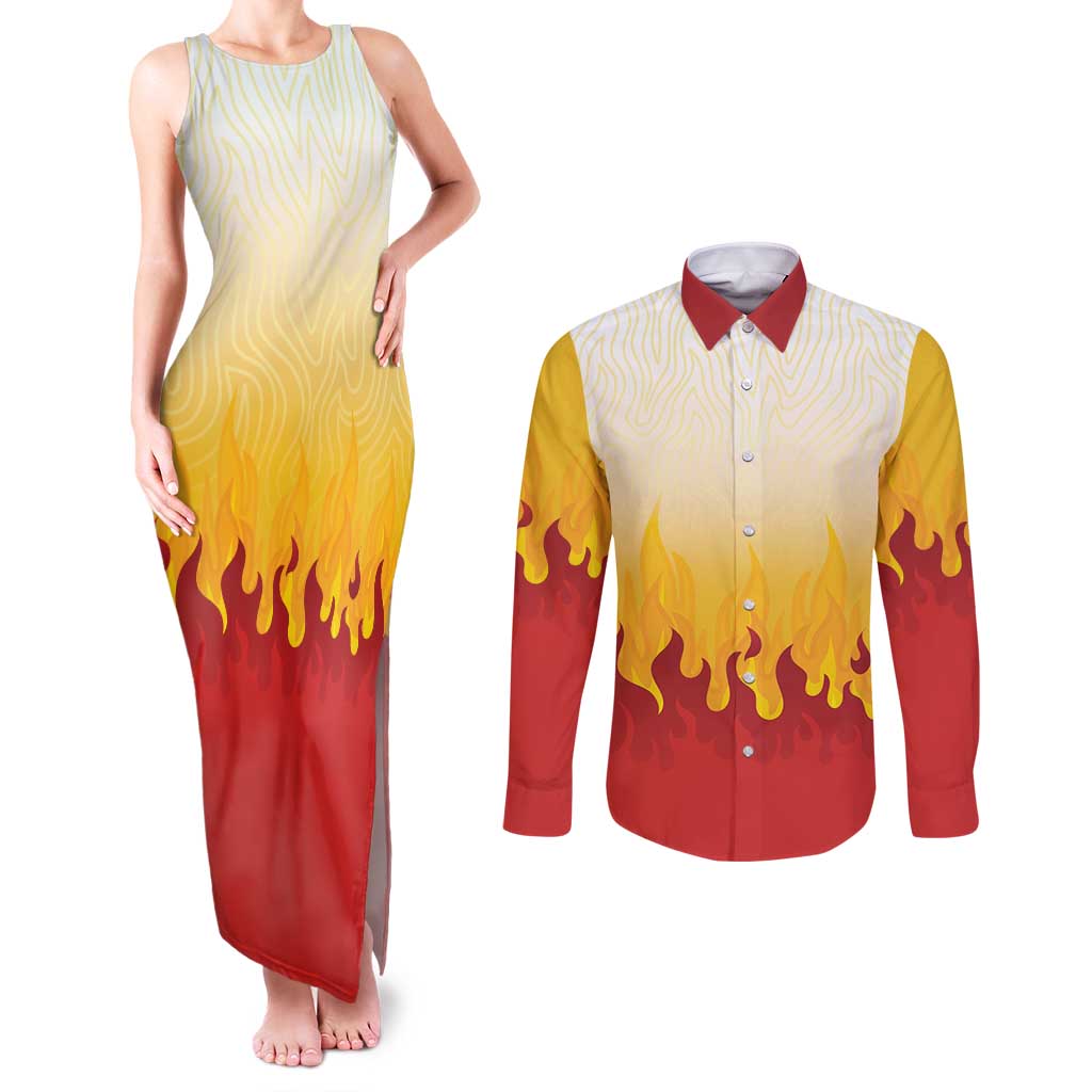 Japanese Kaen Pattern Couples Matching Tank Maxi Dress and Long Sleeve Button Shirt Flame Pillar Blazing Lion Heart - Wonder Print Shop