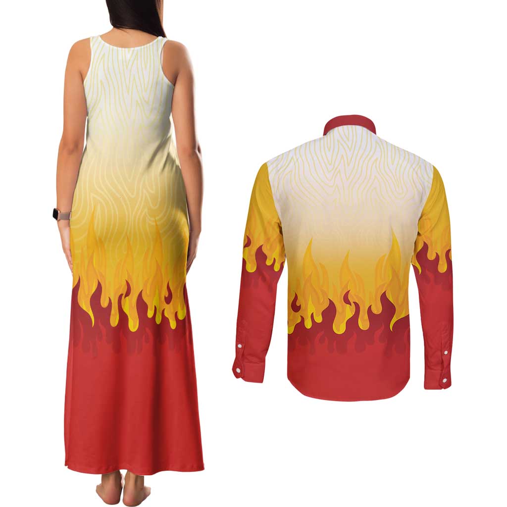 Japanese Kaen Pattern Couples Matching Tank Maxi Dress and Long Sleeve Button Shirt Flame Pillar Blazing Lion Heart - Wonder Print Shop