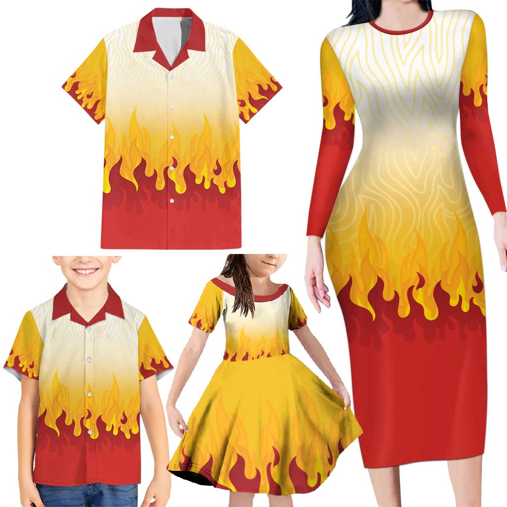 Japanese Kaen Pattern Family Matching Long Sleeve Bodycon Dress and Hawaiian Shirt Flame Pillar Blazing Lion Heart - Wonder Print Shop