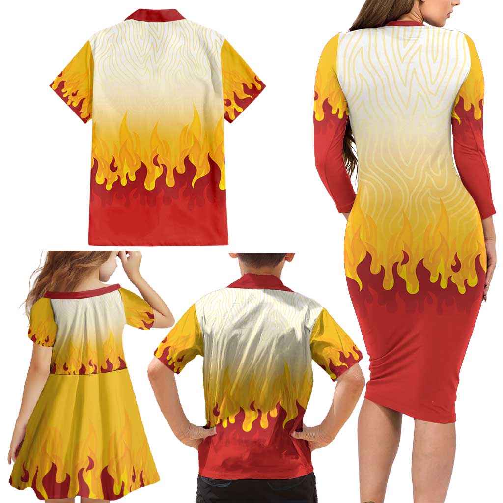 Japanese Kaen Pattern Family Matching Long Sleeve Bodycon Dress and Hawaiian Shirt Flame Pillar Blazing Lion Heart - Wonder Print Shop