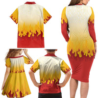 Japanese Kaen Pattern Family Matching Long Sleeve Bodycon Dress and Hawaiian Shirt Flame Pillar Blazing Lion Heart - Wonder Print Shop