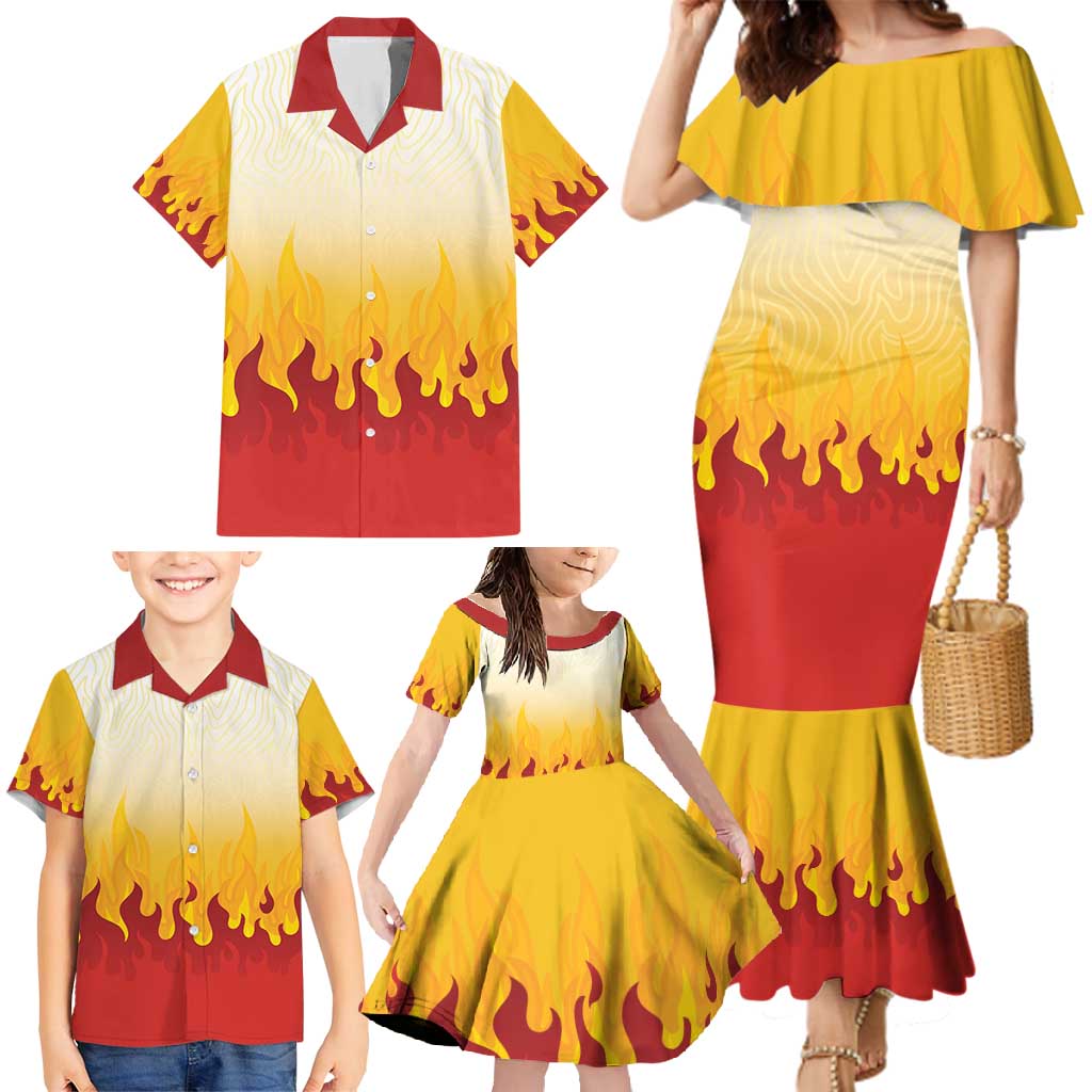 Japanese Kaen Pattern Family Matching Mermaid Dress and Hawaiian Shirt Flame Pillar Blazing Lion Heart - Wonder Print Shop