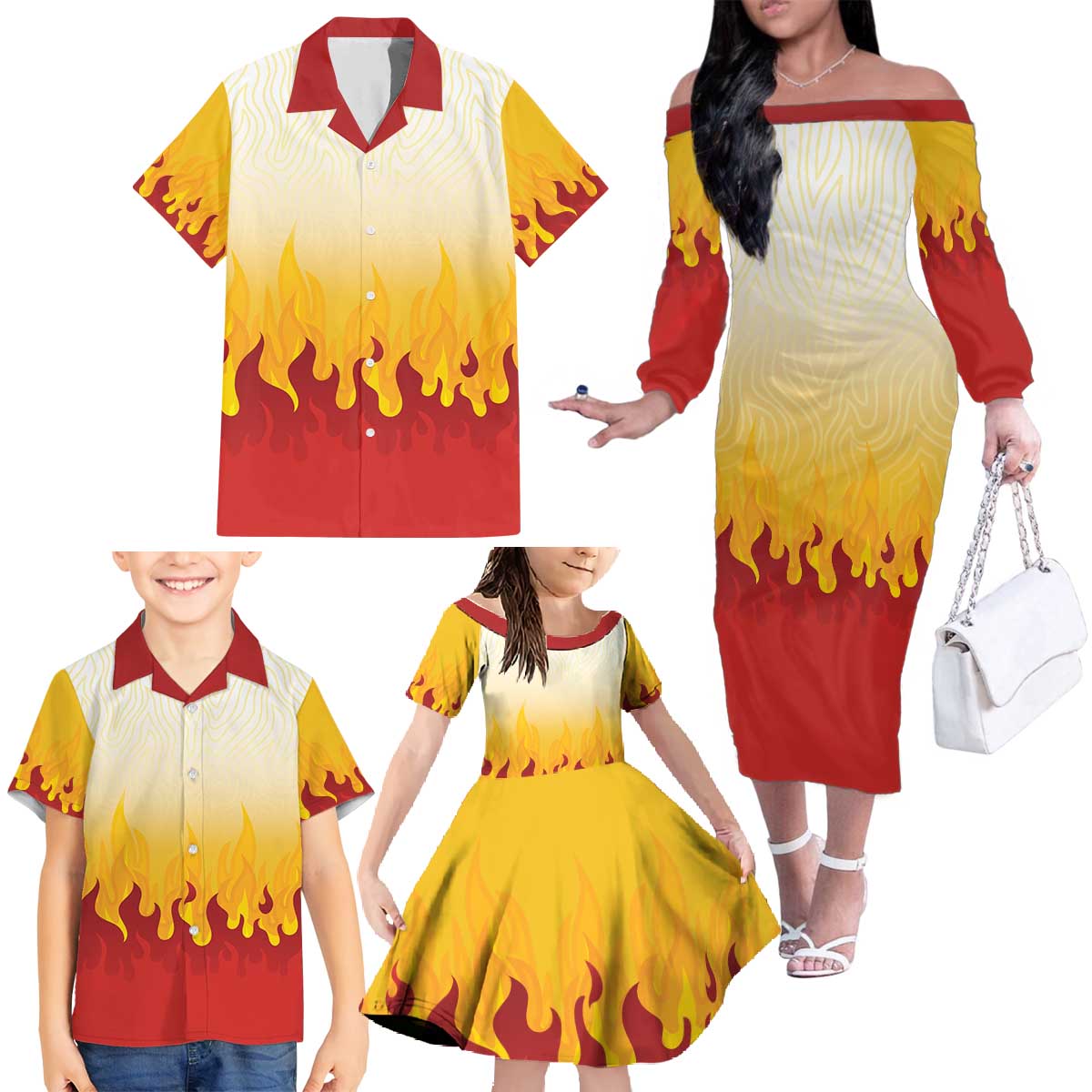Japanese Kaen Pattern Family Matching Off The Shoulder Long Sleeve Dress and Hawaiian Shirt Flame Pillar Blazing Lion Heart - Wonder Print Shop
