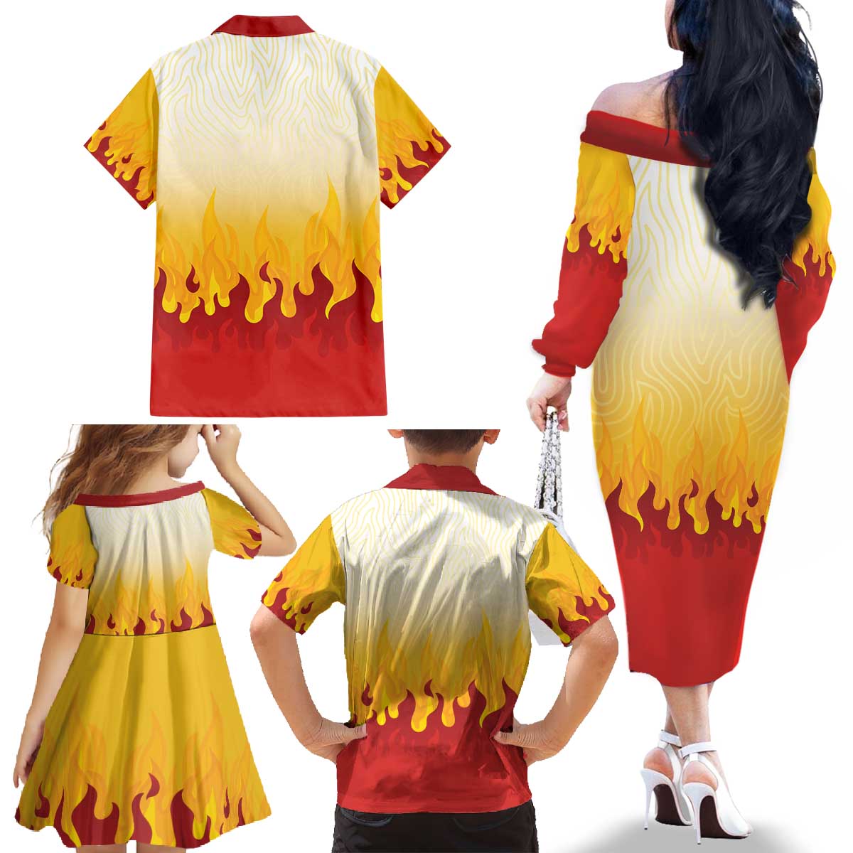 Japanese Kaen Pattern Family Matching Off The Shoulder Long Sleeve Dress and Hawaiian Shirt Flame Pillar Blazing Lion Heart - Wonder Print Shop