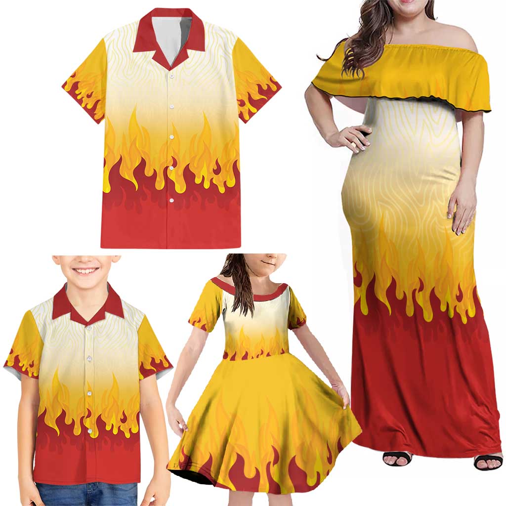 Japanese Kaen Pattern Family Matching Off Shoulder Maxi Dress and Hawaiian Shirt Flame Pillar Blazing Lion Heart - Wonder Print Shop