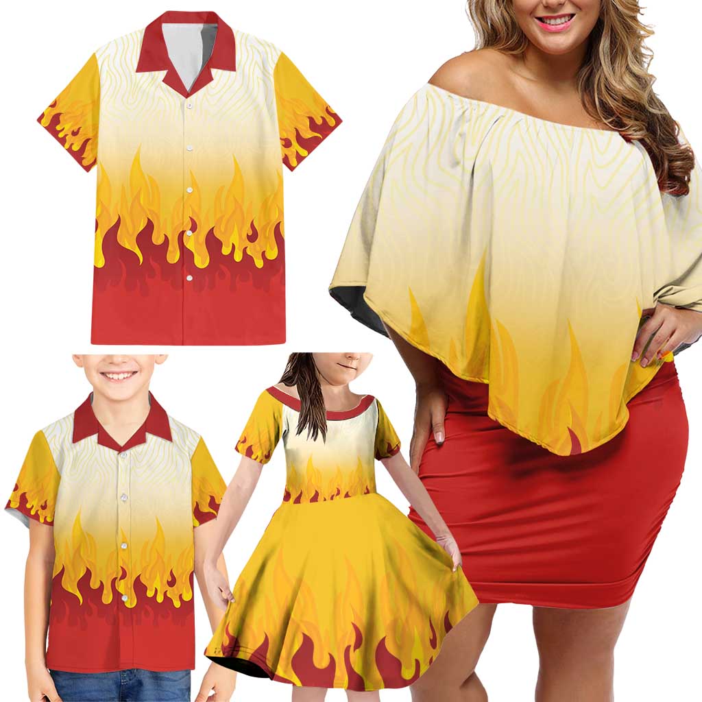 Japanese Kaen Pattern Family Matching Off Shoulder Short Dress and Hawaiian Shirt Flame Pillar Blazing Lion Heart - Wonder Print Shop
