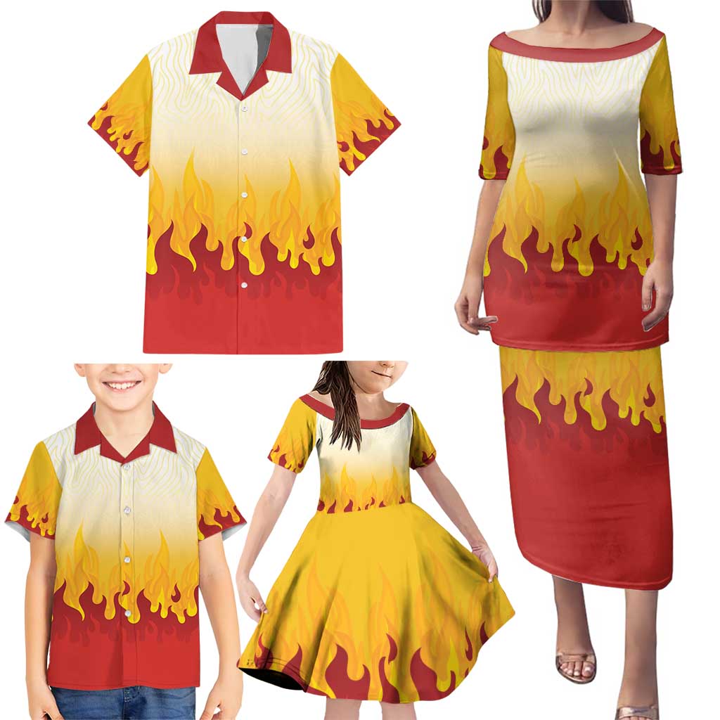 Japanese Kaen Pattern Family Matching Puletasi and Hawaiian Shirt Flame Pillar Blazing Lion Heart - Wonder Print Shop