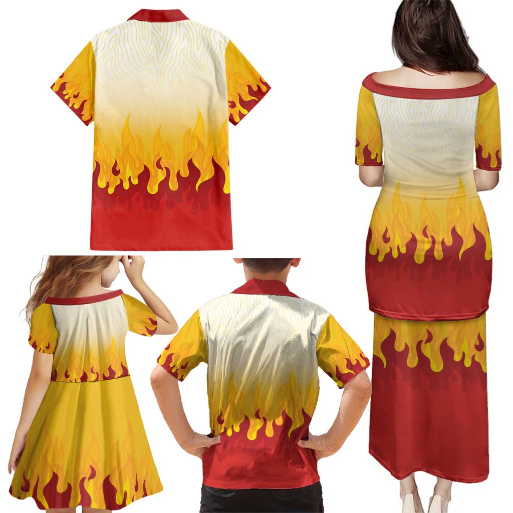 Japanese Kaen Pattern Family Matching Puletasi and Hawaiian Shirt Flame Pillar Blazing Lion Heart - Wonder Print Shop