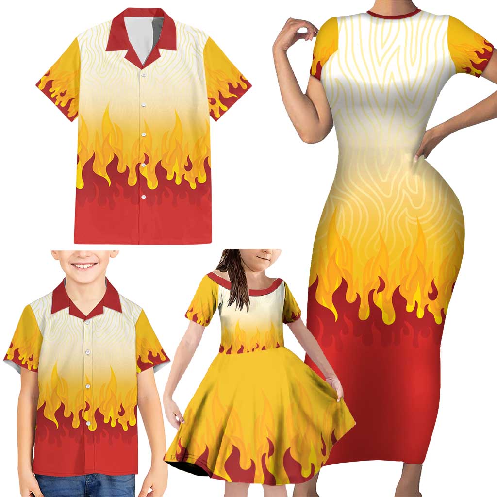Japanese Kaen Pattern Family Matching Short Sleeve Bodycon Dress and Hawaiian Shirt Flame Pillar Blazing Lion Heart - Wonder Print Shop