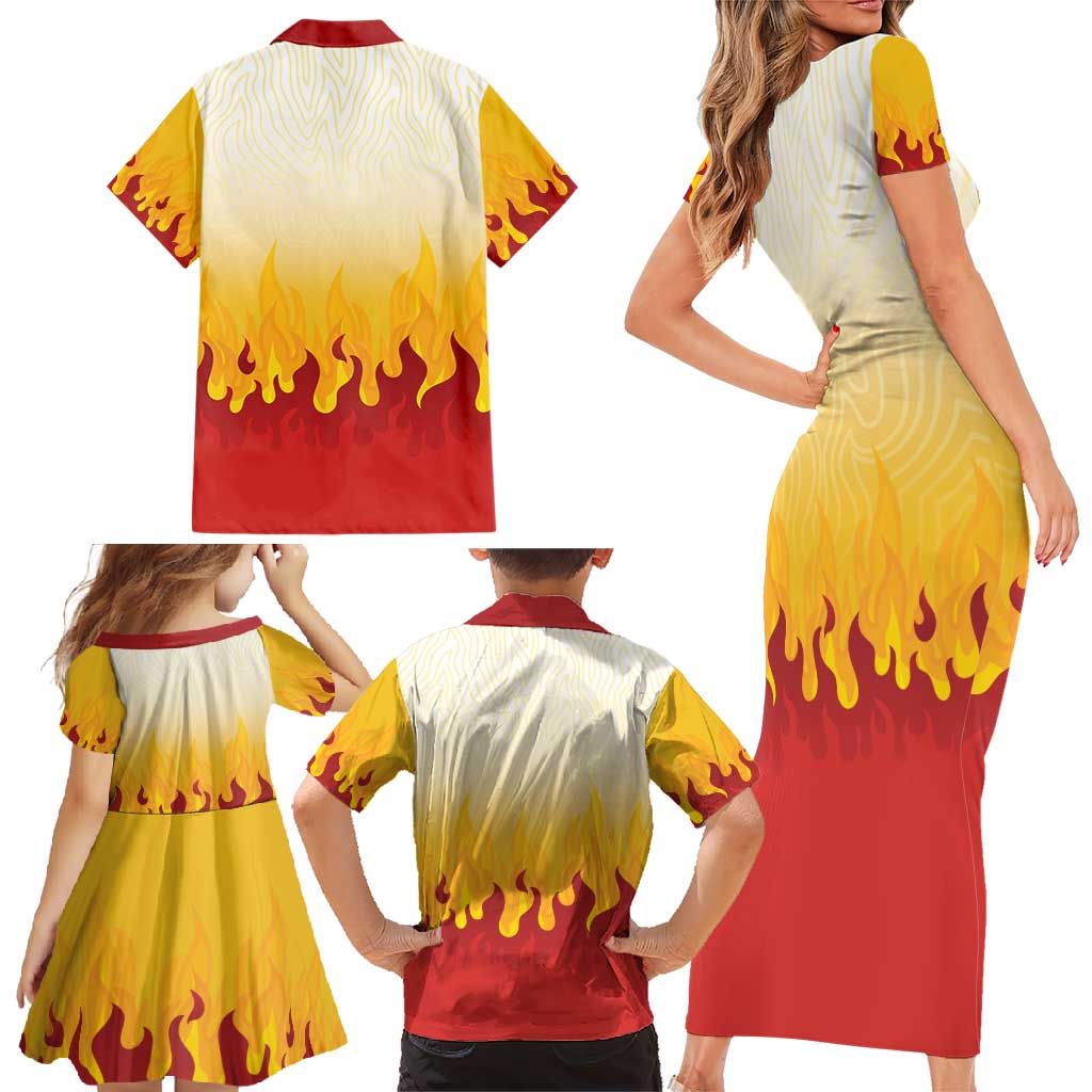Japanese Kaen Pattern Family Matching Short Sleeve Bodycon Dress and Hawaiian Shirt Flame Pillar Blazing Lion Heart - Wonder Print Shop
