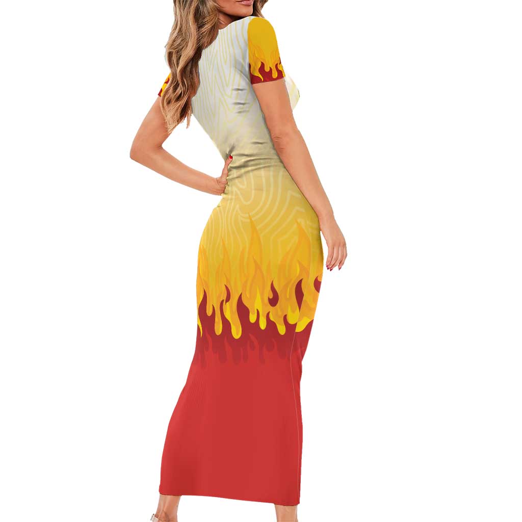 Japanese Kaen Pattern Family Matching Short Sleeve Bodycon Dress and Hawaiian Shirt Flame Pillar Blazing Lion Heart - Wonder Print Shop