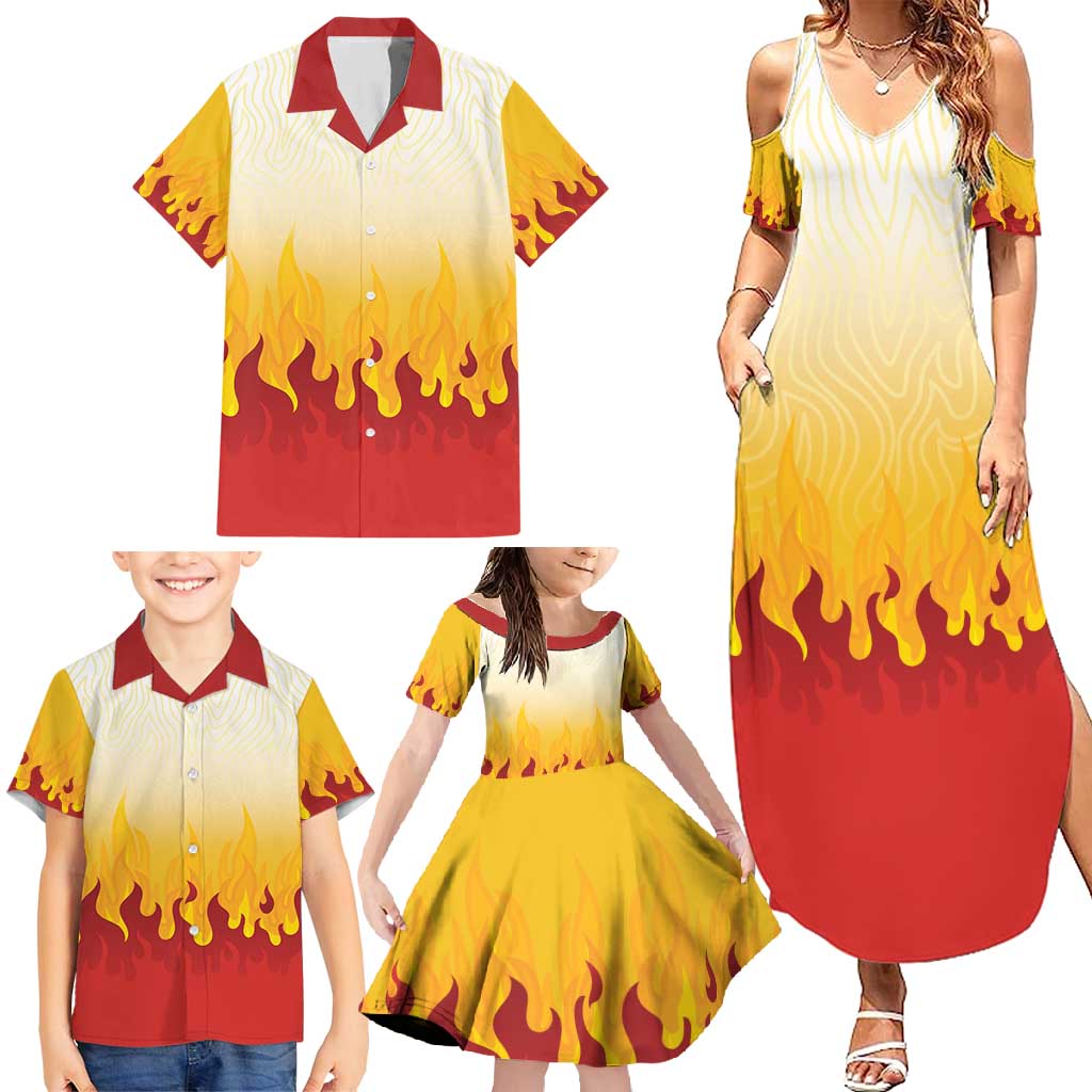 Japanese Kaen Pattern Family Matching Summer Maxi Dress and Hawaiian Shirt Flame Pillar Blazing Lion Heart - Wonder Print Shop