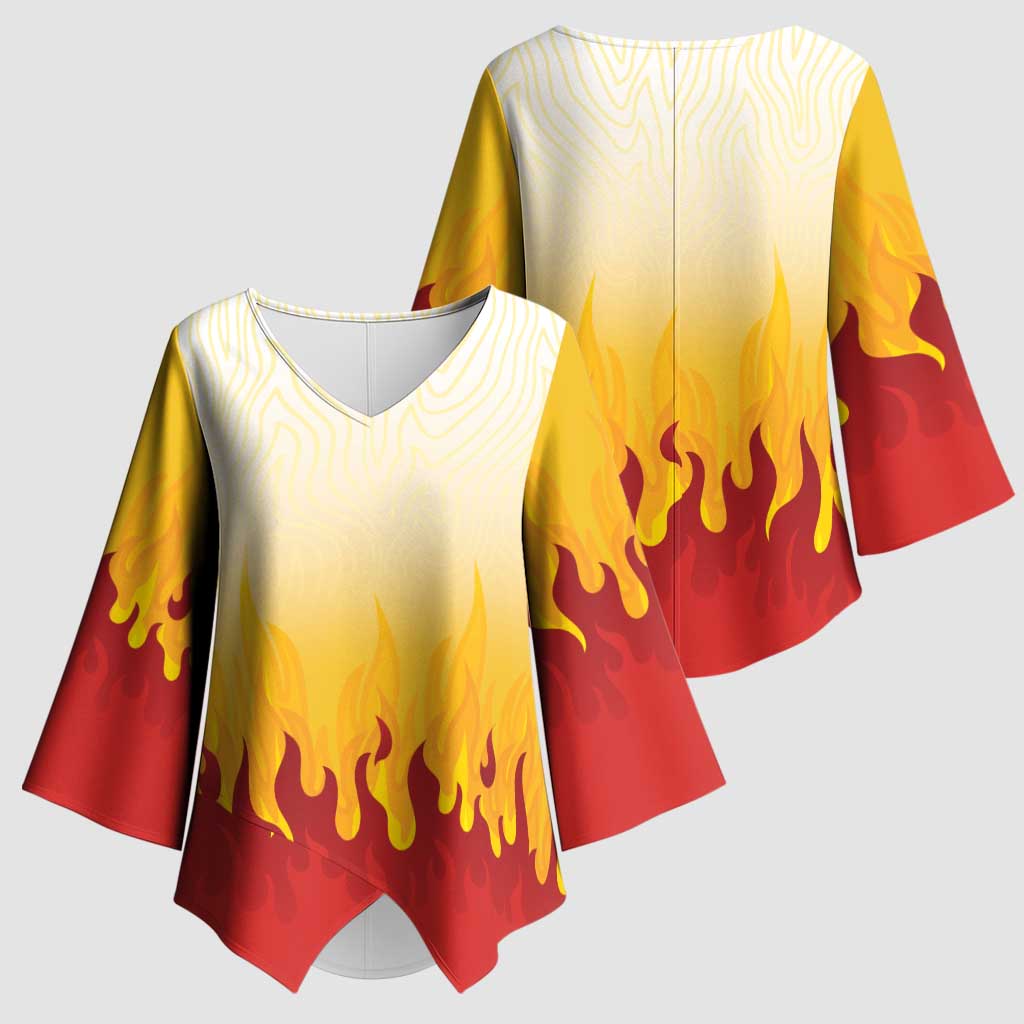 Japanese Kaen Pattern Kimono Sleeve Blouse Flame Pillar Blazing Lion Heart - Wonder Print Shop