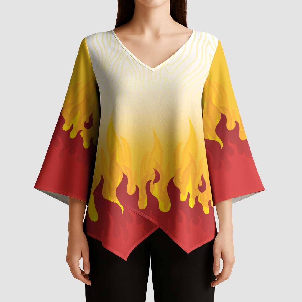 Japanese Kaen Pattern Kimono Sleeve Blouse Flame Pillar Blazing Lion Heart - Wonder Print Shop