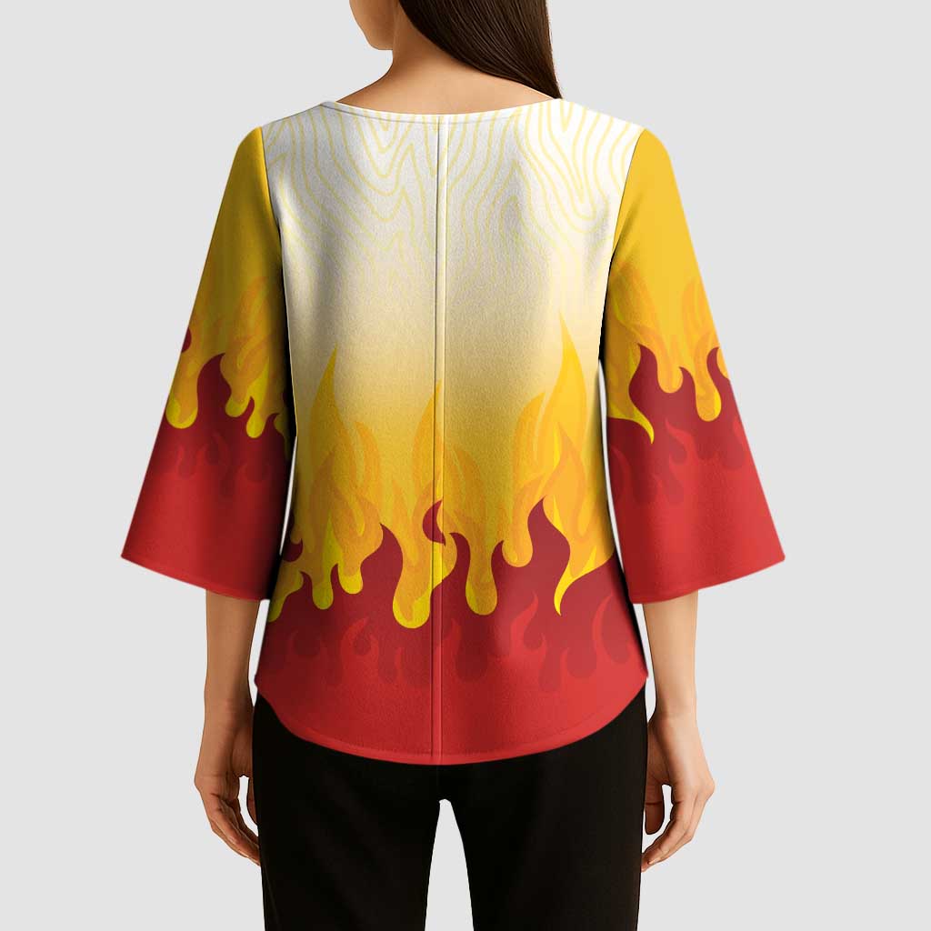 Japanese Kaen Pattern Kimono Sleeve Blouse Flame Pillar Blazing Lion Heart - Wonder Print Shop