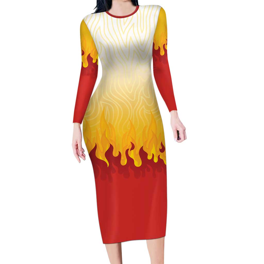 Japanese Kaen Pattern Long Sleeve Bodycon Dress Flame Pillar Blazing Lion Heart - Wonder Print Shop