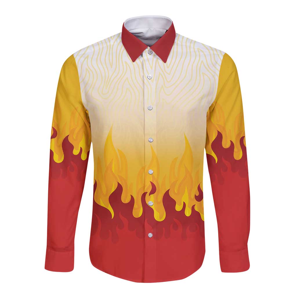 Japanese Kaen Pattern Long Sleeve Button Shirt Flame Pillar Blazing Lion Heart - Wonder Print Shop
