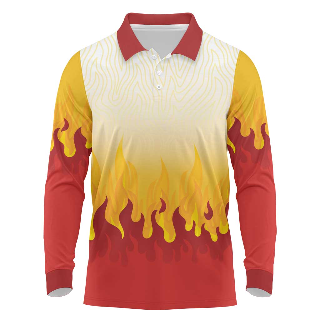 Japanese Kaen Pattern Long Sleeve Polo Shirt Flame Pillar Blazing Lion Heart - Wonder Print Shop