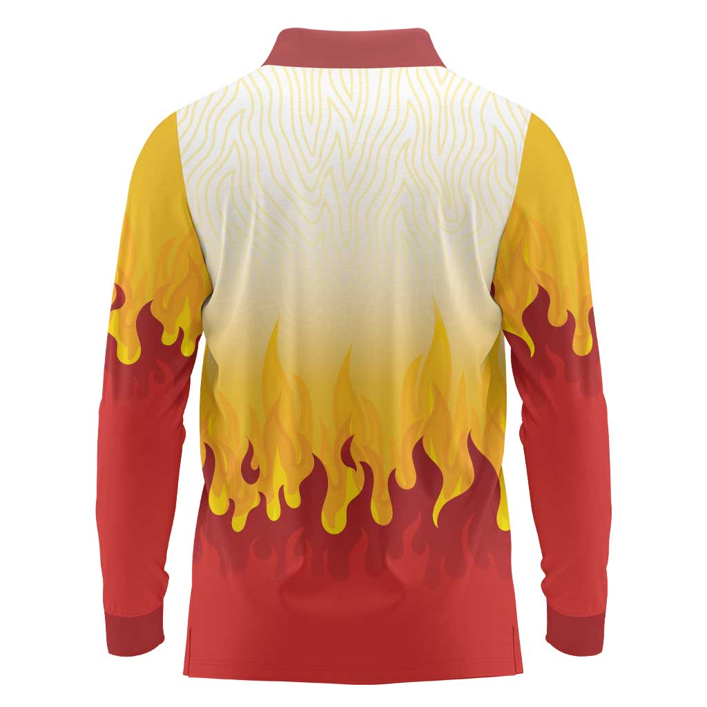 Japanese Kaen Pattern Long Sleeve Polo Shirt Flame Pillar Blazing Lion Heart - Wonder Print Shop