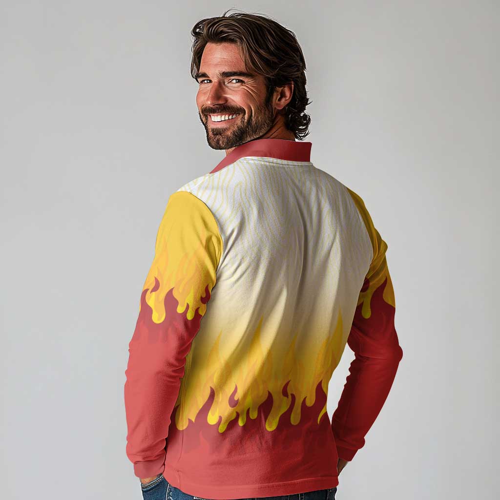 Japanese Kaen Pattern Long Sleeve Polo Shirt Flame Pillar Blazing Lion Heart - Wonder Print Shop