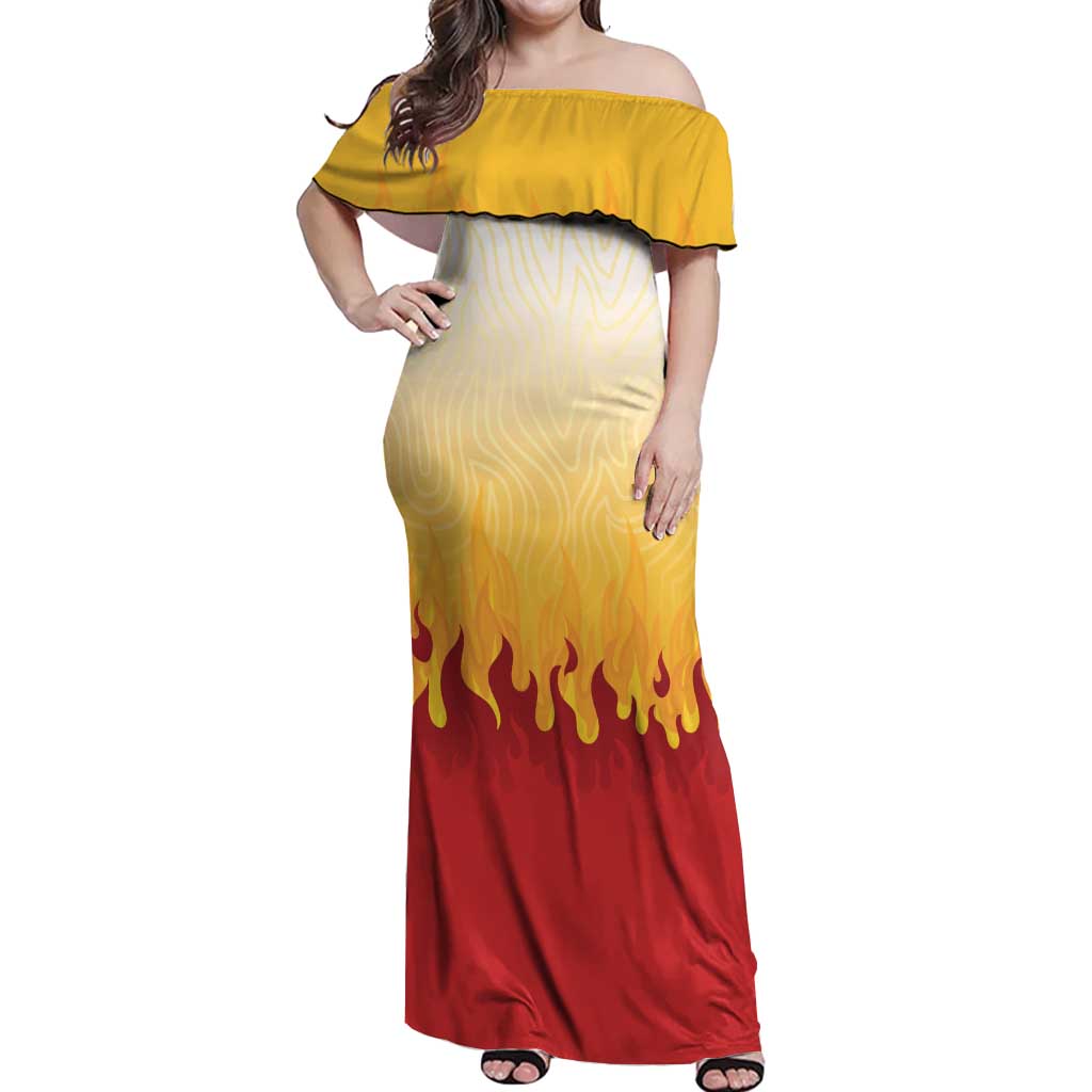 Japanese Kaen Pattern Off Shoulder Maxi Dress Flame Pillar Blazing Lion Heart - Wonder Print Shop