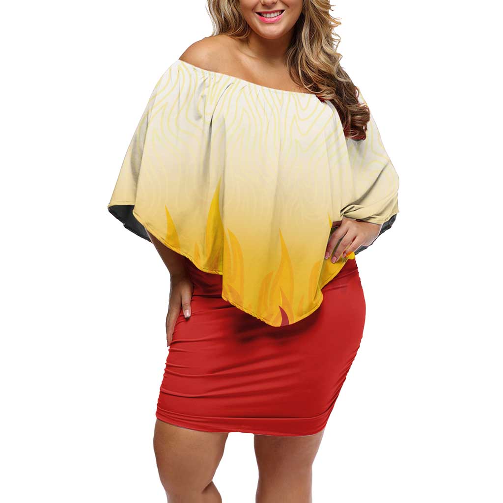 Japanese Kaen Pattern Off Shoulder Short Dress Flame Pillar Blazing Lion Heart - Wonder Print Shop