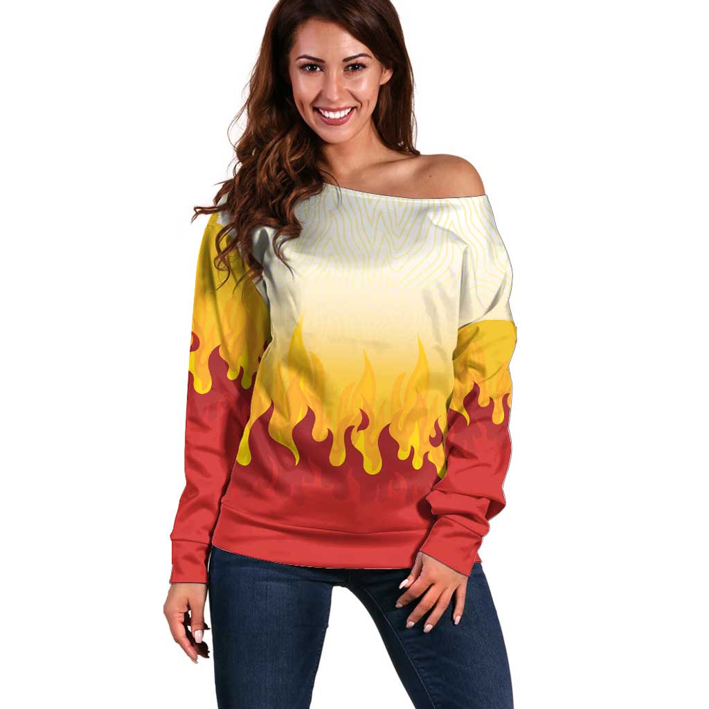 Japanese Kaen Pattern Off Shoulder Sweater Flame Pillar Blazing Lion Heart - Wonder Print Shop