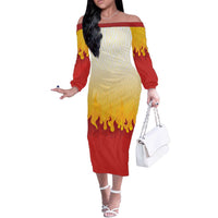 Japanese Kaen Pattern Off The Shoulder Long Sleeve Dress Flame Pillar Blazing Lion Heart - Wonder Print Shop