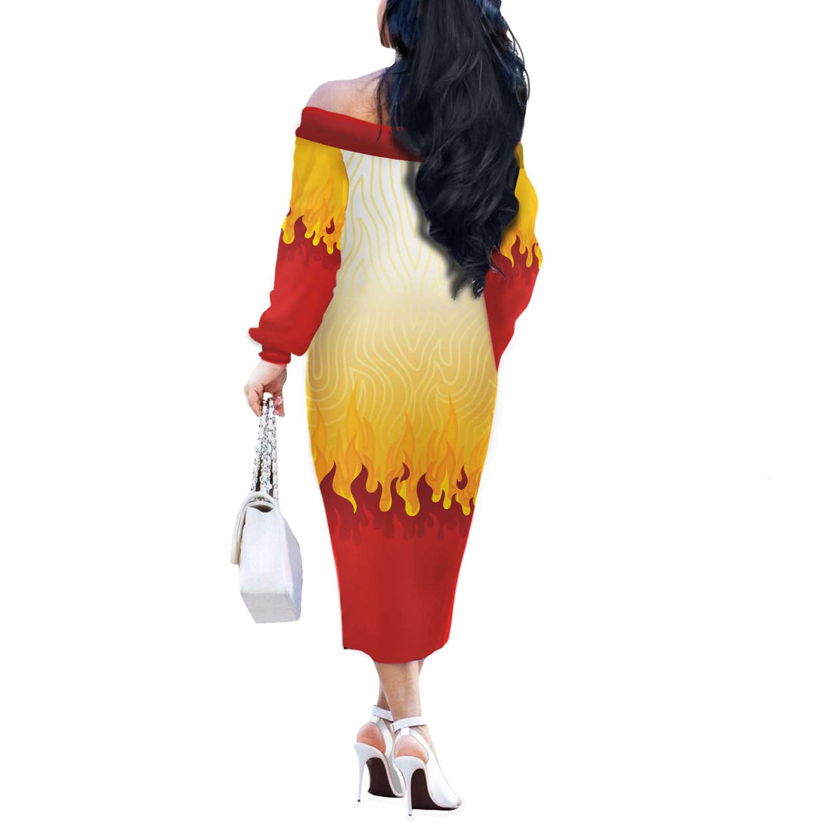 Japanese Kaen Pattern Off The Shoulder Long Sleeve Dress Flame Pillar Blazing Lion Heart - Wonder Print Shop